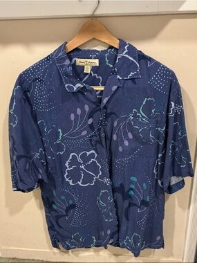 Vintage Silk Tommy Bahama Navy Floral Print Short-Sleeve Shirt XL